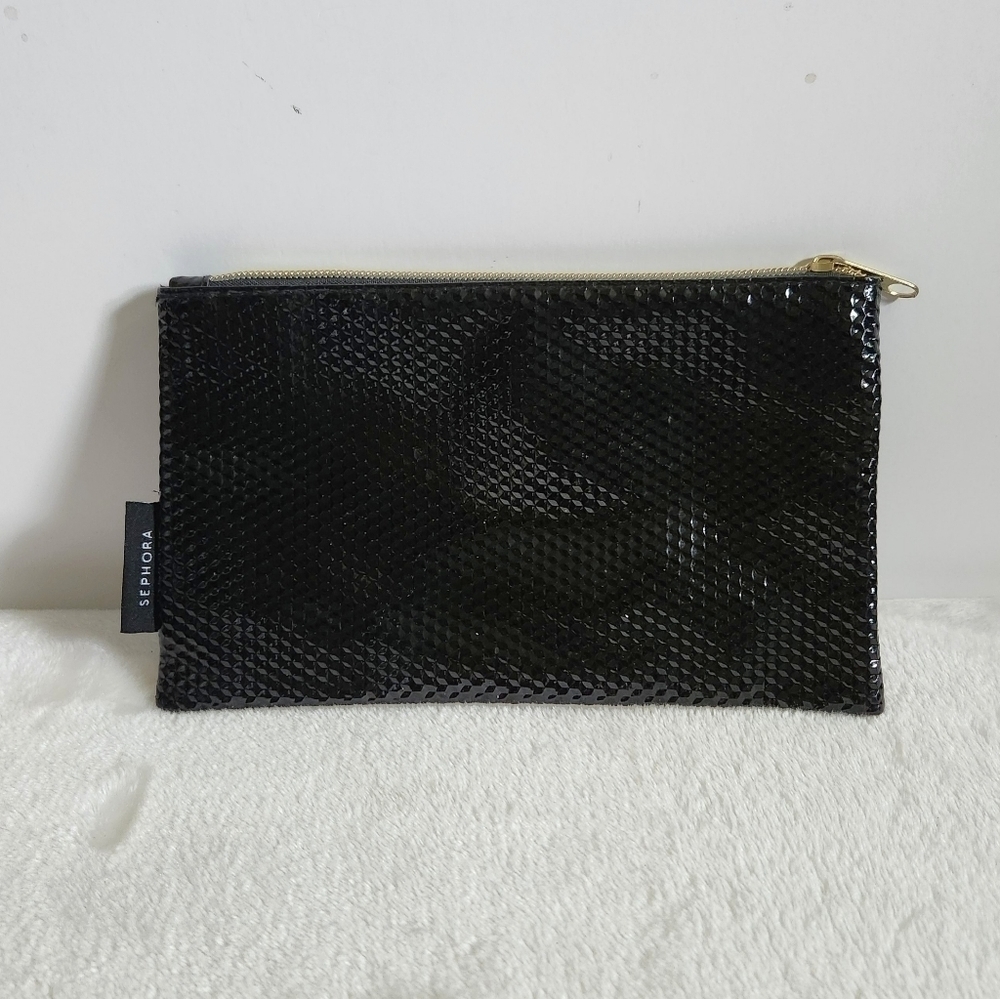 Sephora Black Vinyl Hexagon Textured Makeup Cosmetic Bag Pouch NWOT
